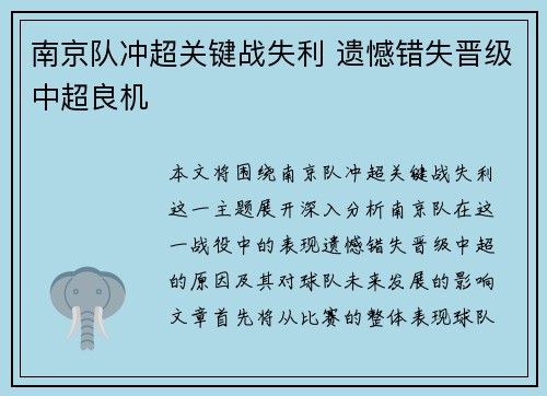 南京队冲超关键战失利 遗憾错失晋级中超良机