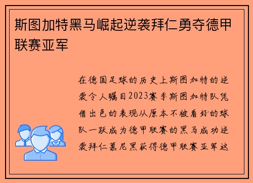 斯图加特黑马崛起逆袭拜仁勇夺德甲联赛亚军